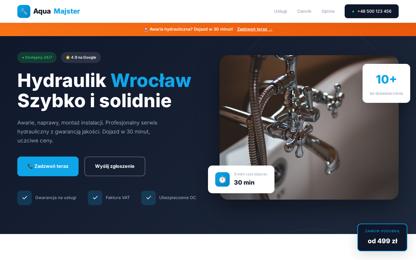 Przykładowa strona internetowa dla hydraulika - Profesjonalna Pomoc 24/7